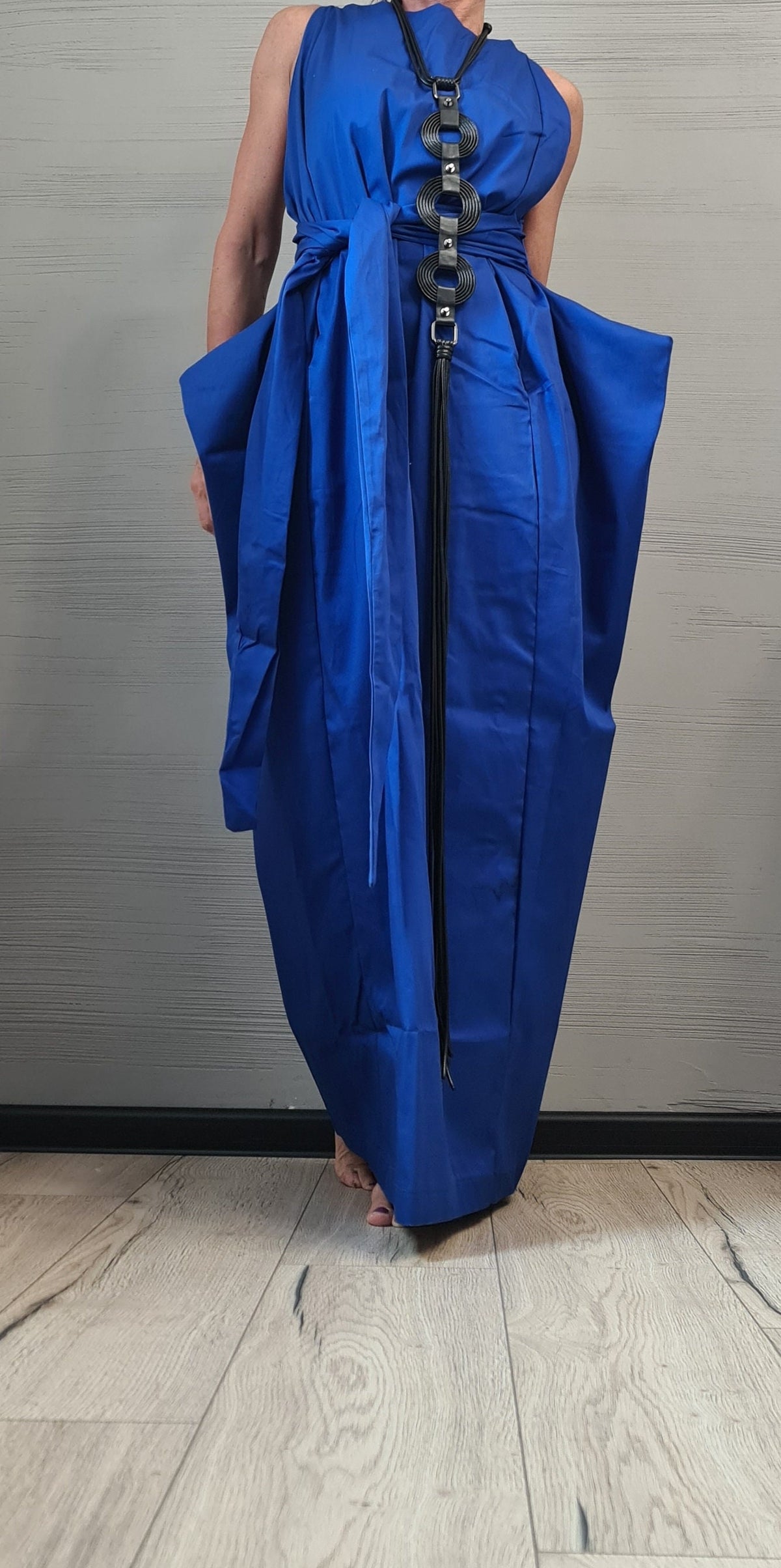Royal Blue Open Back Maxi Dress, Sleeveless Loose Fit, Wide Silhouette, Adjustable Summer Design