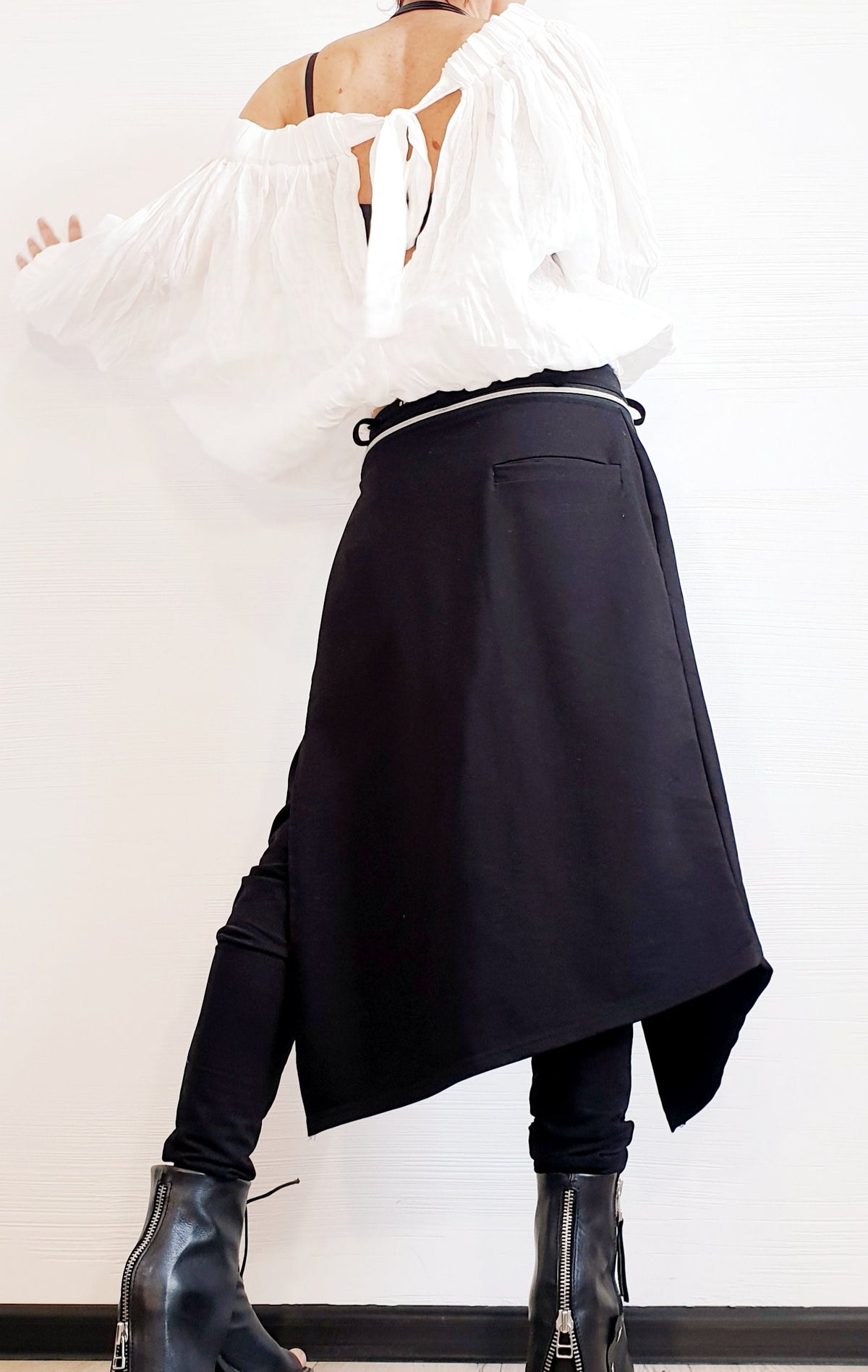Black Asymmetric Cotton Pants, Skirt Overlay, Slim Leg