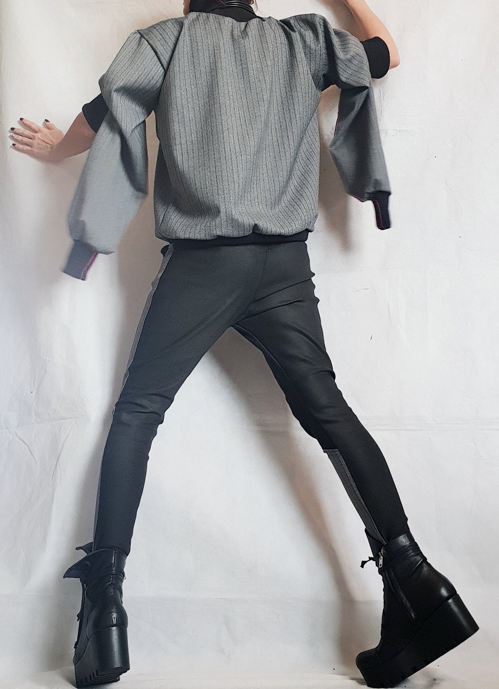Black Drop Crotch Leggings, Tapered Leg Pants, Cotton Stretch Trousers