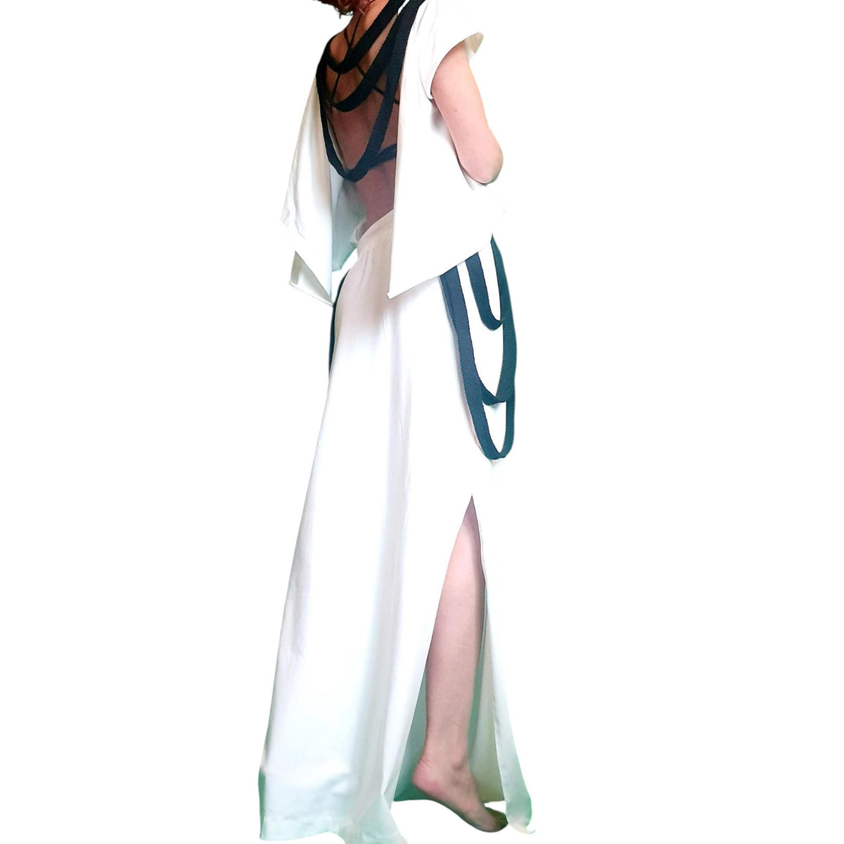 White Black Asymmetrical Open Back Blouse, High Waist Maxi Skirt, Two Piece Co-Ord Set