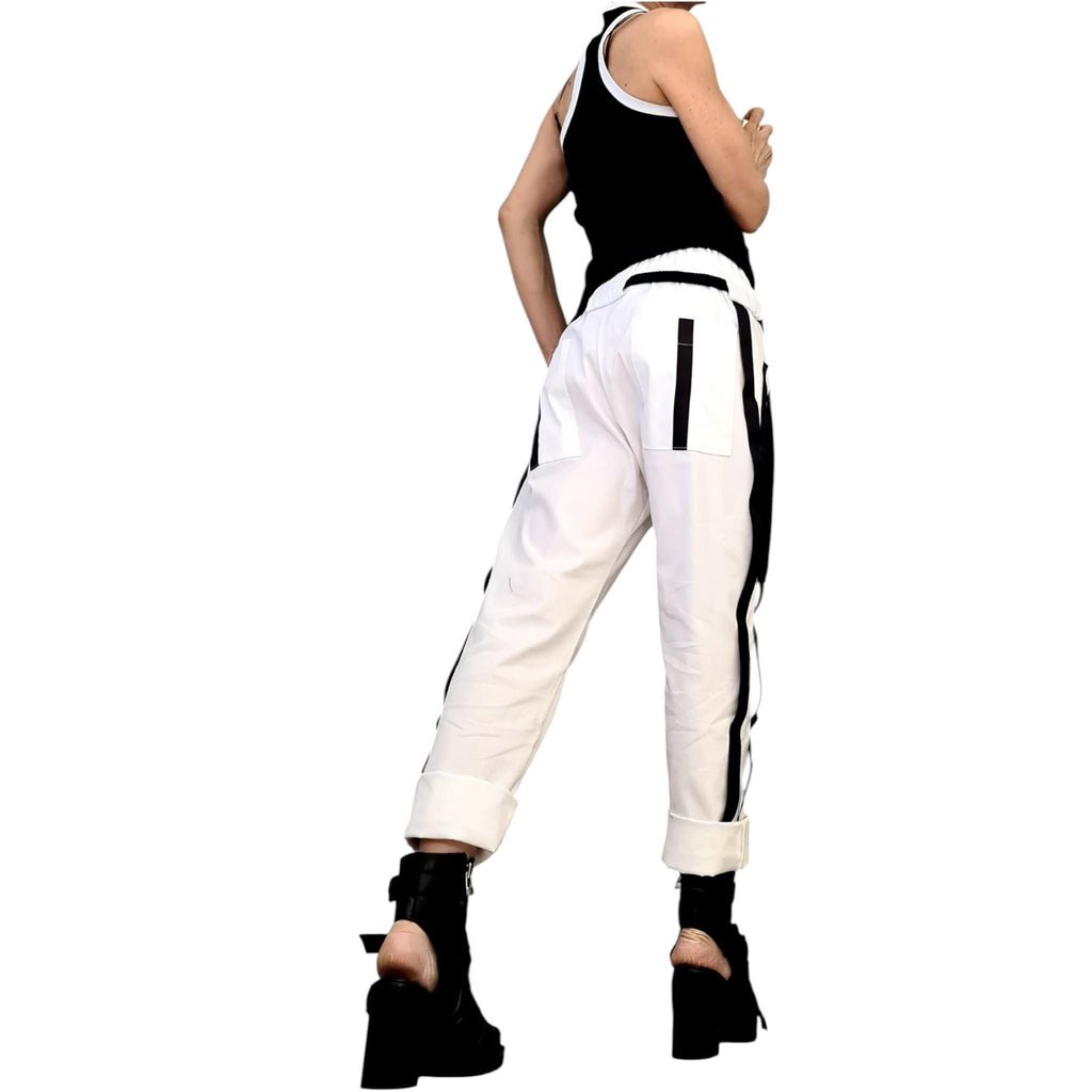 White Cotton Tapered Pants, Double Side Stripes, Drop Crotch