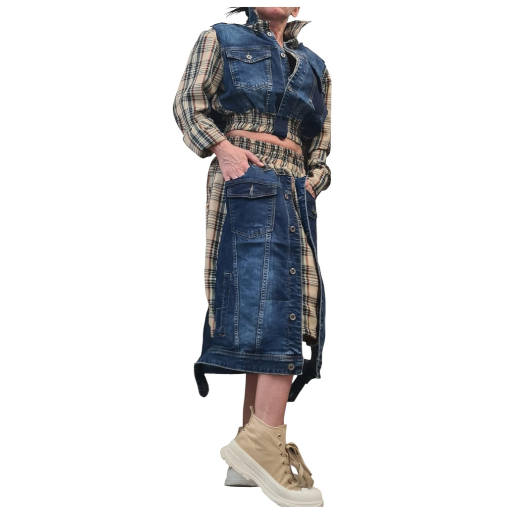 Cotton Denim Plaid Sweatshirt Skirt Set, Extravagant Women Costume