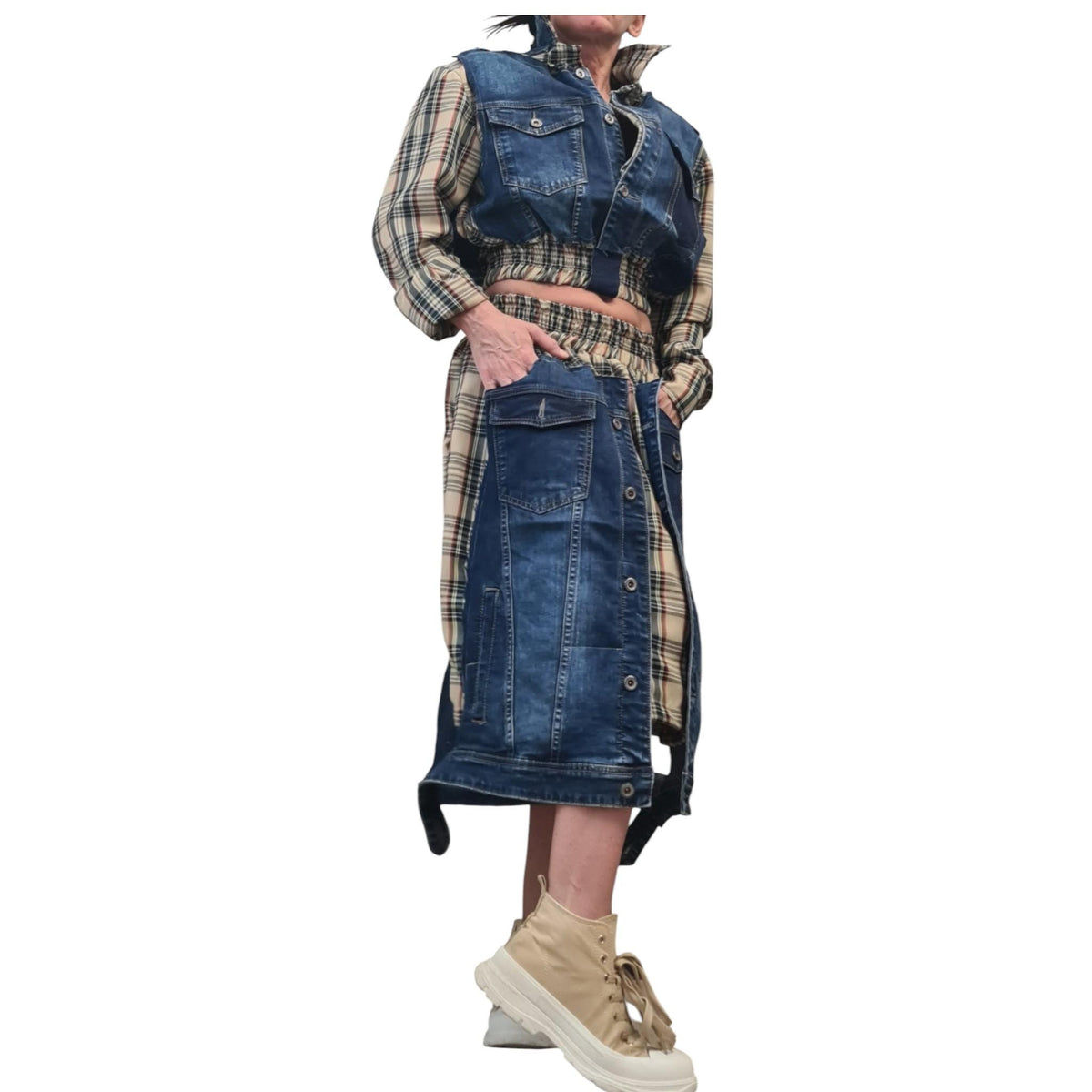 Cotton Denim Plaid Sweatshirt Skirt Set, Extravagant Women Costume