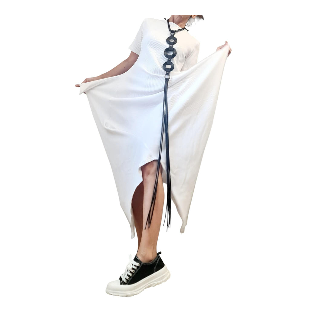 White Asymmetric Cotton Rib Maxi Dress, Avant Garde Loose Dress, Plus Size Clothing