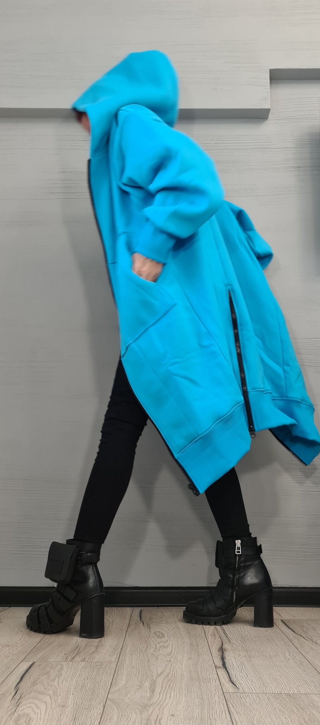 Blue Hooded Cotton Sweatshirt, Oversized Loose Coat, Plus Size Longline Hoodie