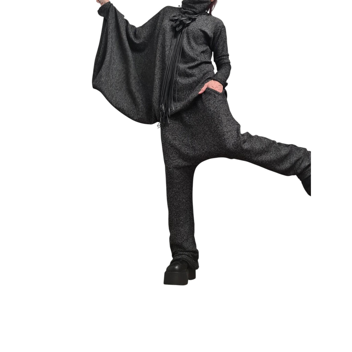 Black Knit Drop Crotch Harem Pants, Oversized Asymmetrical Blouse, Two-Piece Co-Ord Set, Plus Size