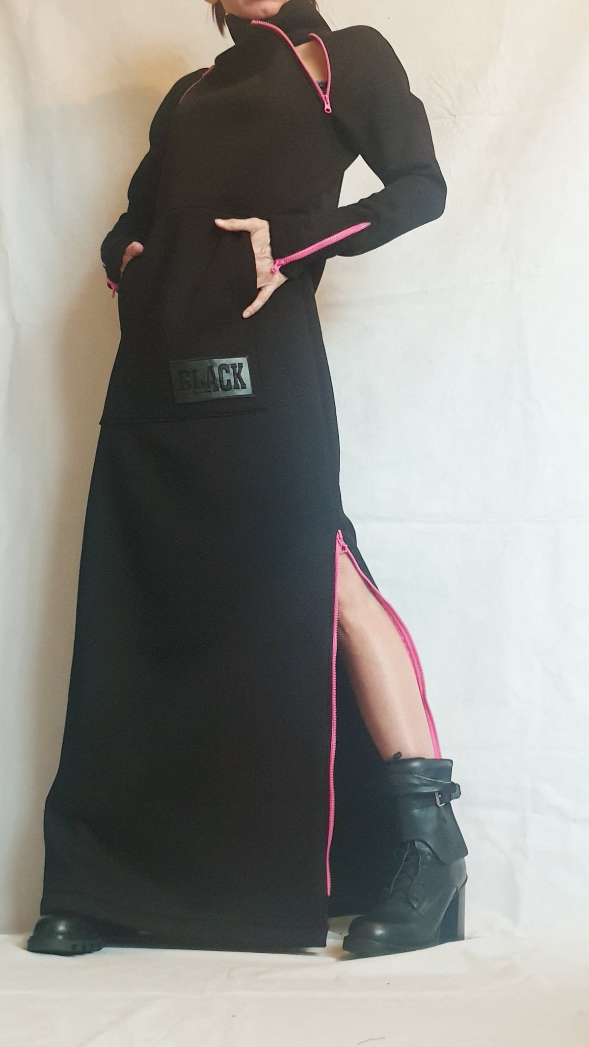 Black Maxi Dress Long Sleeve, Pink Zipper, Handmade Dress for Woman, Plus Size