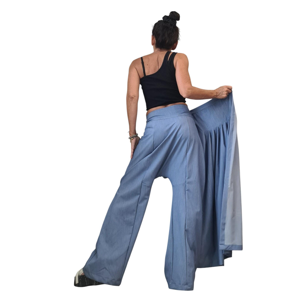 Light Blue Denim Harem Trousers, Wide Leg Pants, Pleated Front Panel, Convertible Skirt Design