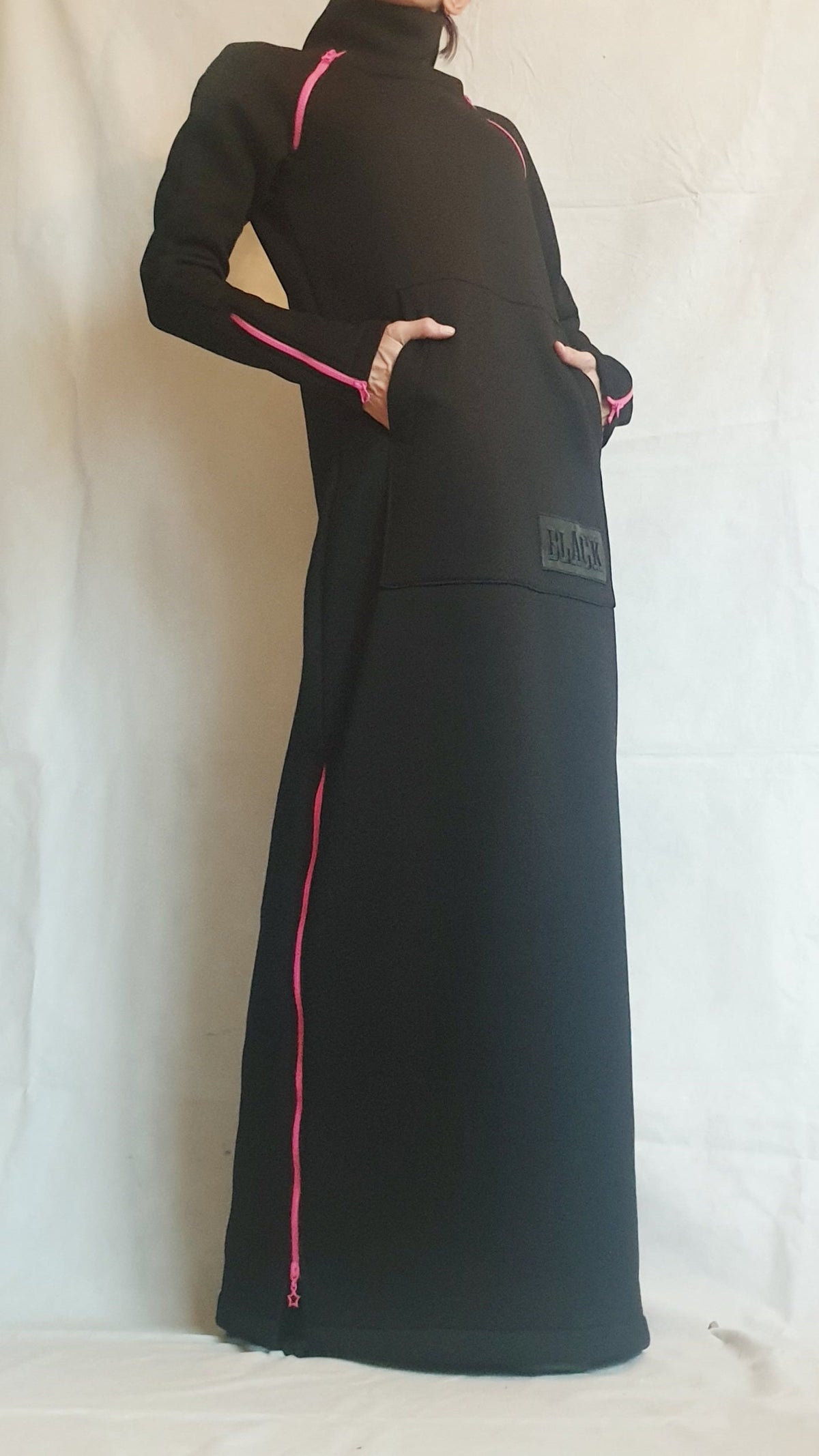 Black Maxi Dress Long Sleeve, Pink Zipper, Handmade Dress for Woman, Plus Size