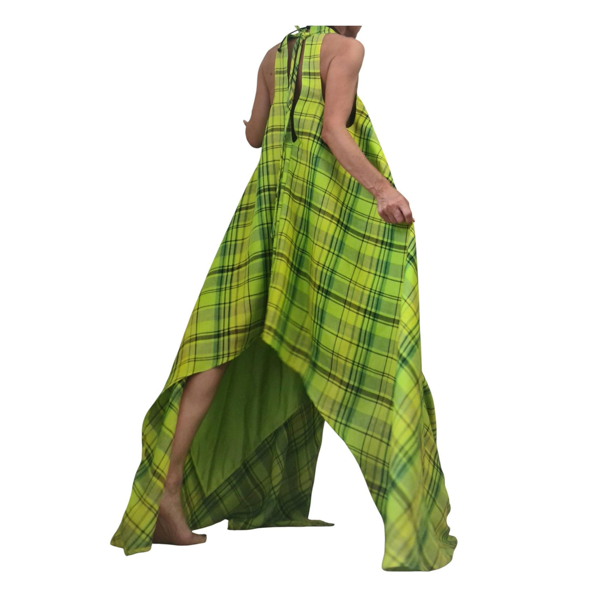 Lime Plaid Linen Maxi Dress for Women, Sleeveless Asymmetric Kaftan, Open Back Dress