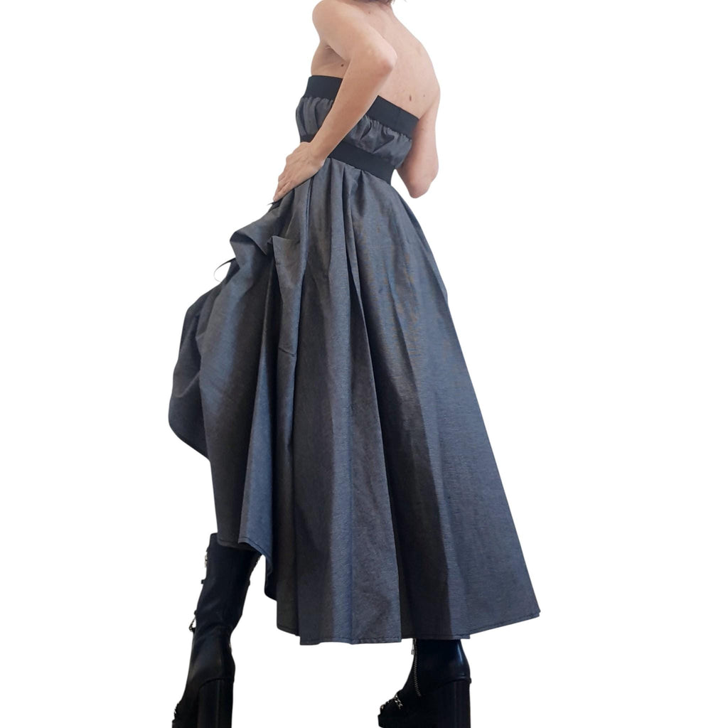 Dark Grey Cotton Sateen Maxi Skirt Dress, Adjustable Drawstrings, Layered Tulle, Convertible Design