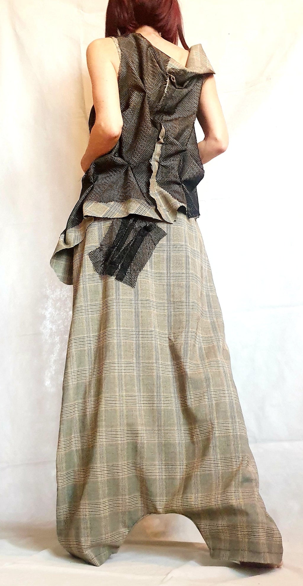 Plus Size Co-Ord Set, Plaid Harem Pants, Black Asymmetrical Vest with mesh