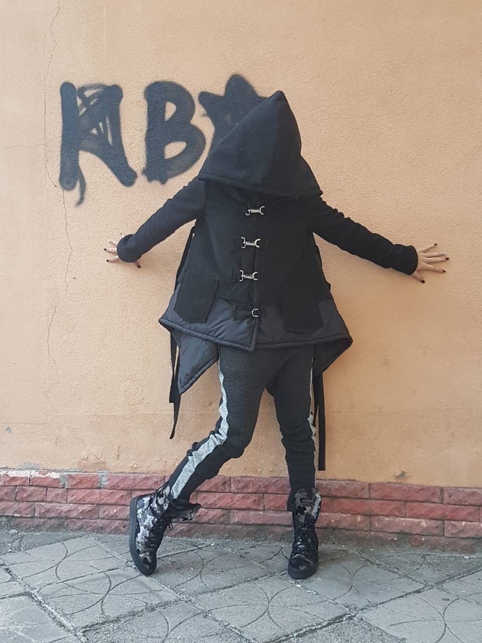 Black Hooded Puffer Jacket, Plus Size Asymmetric Winter Coat, Wool Details