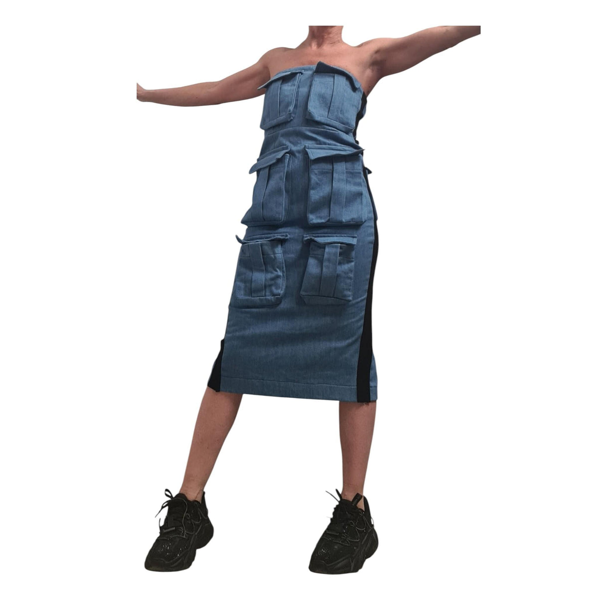 Denim Pencil Dress, Avant Garde Style, Outer Pocket Detail, Cargo Dress for Women
