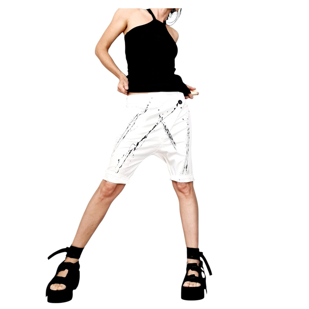 Black Cotton Harem Shorts, Asymmetrical Closure, Paint Splatter