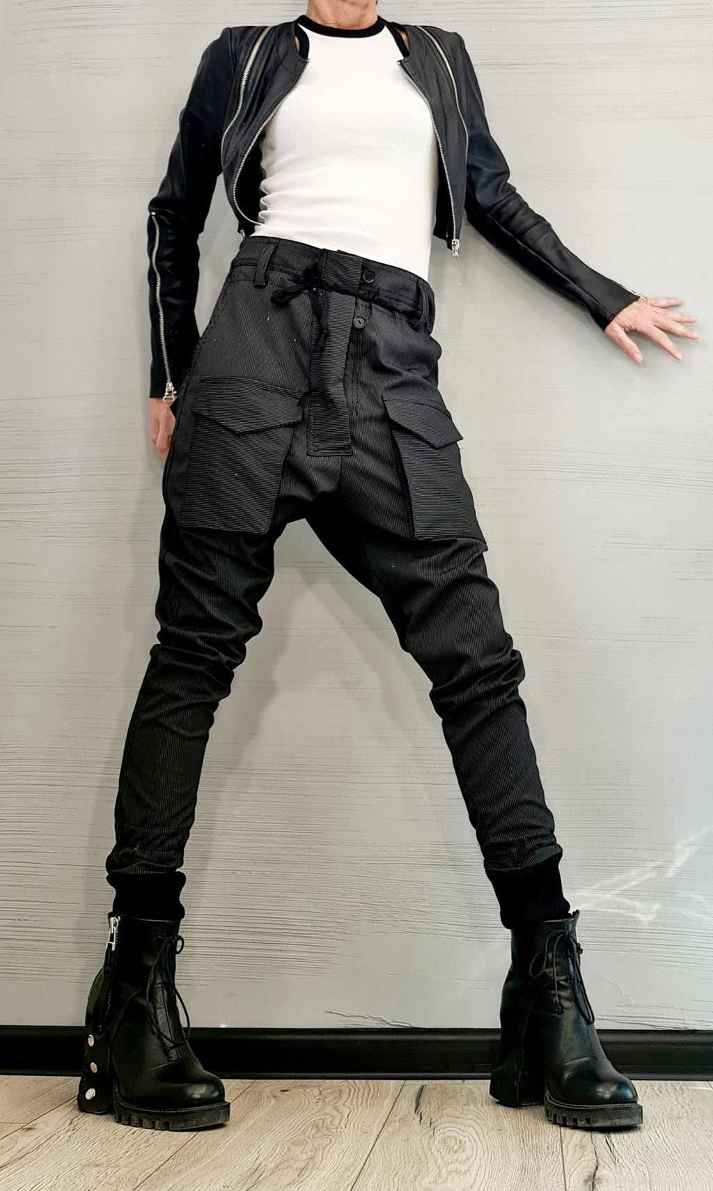 Black Pinstripe Cargo Pants, Drop Crotch Trousers, Slim Leg, Plus Size