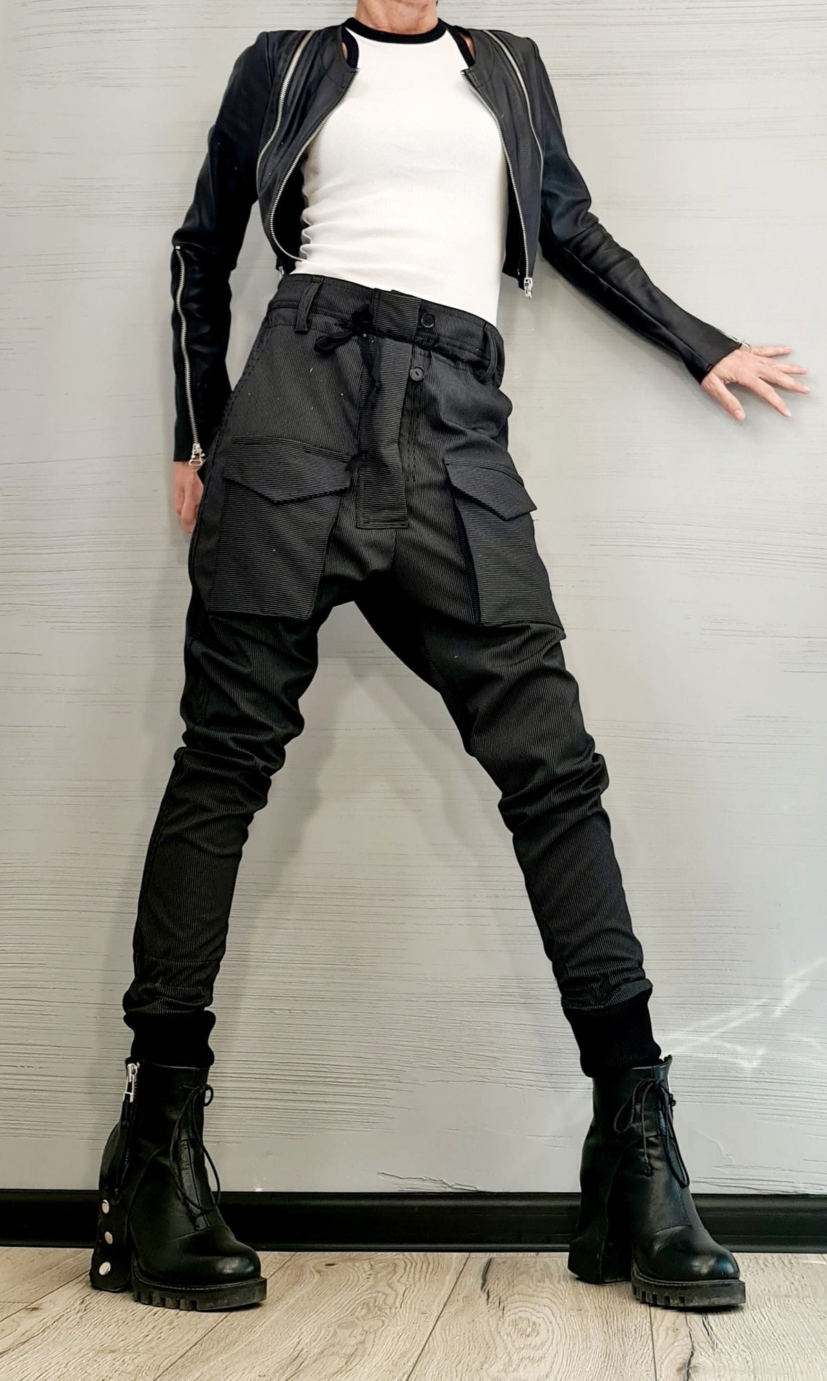 Black Pinstripe Cargo Pants, Drop Crotch Trousers, Slim Leg, Plus Size