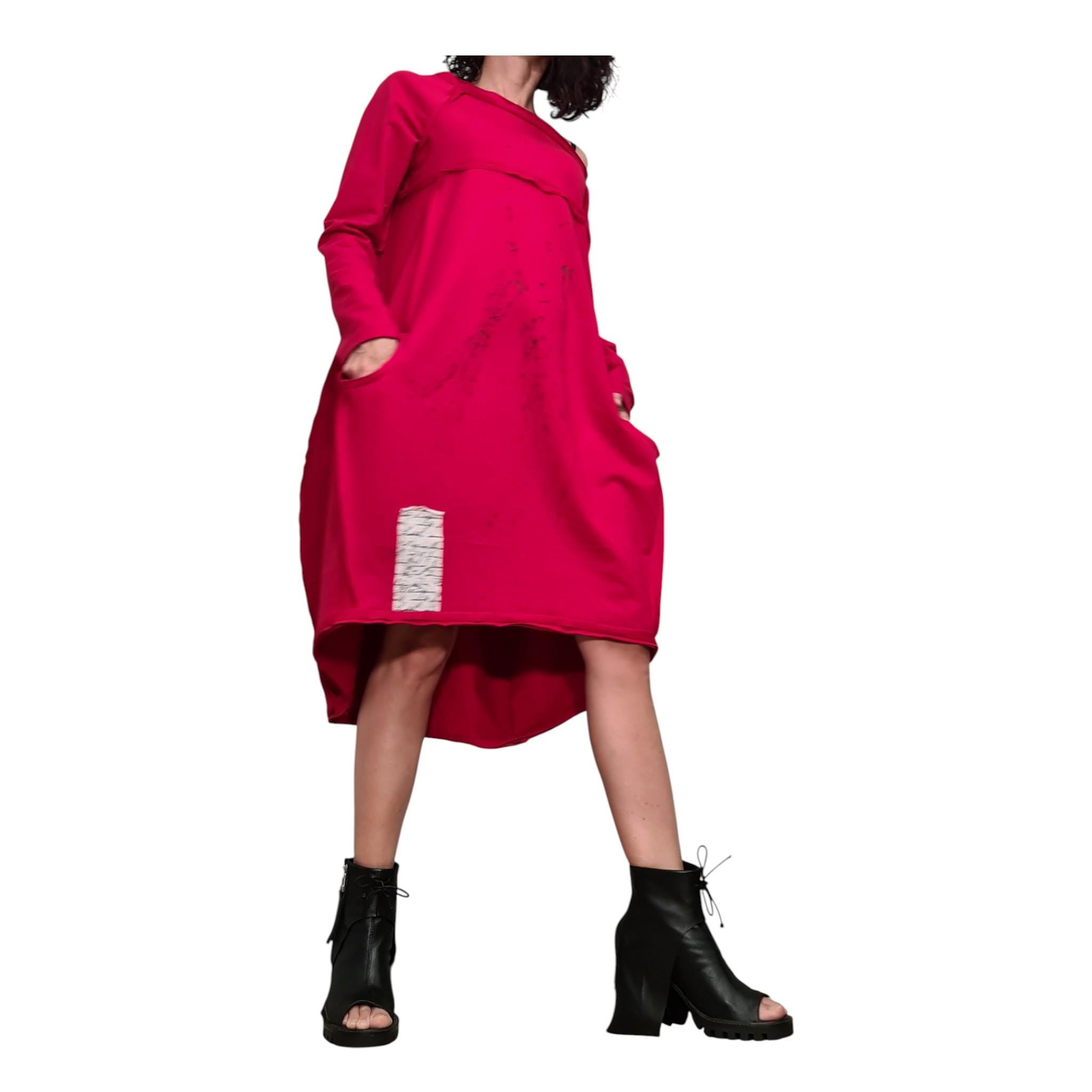 Red French Terry Off Shoulder Dress, Oversized Sweatshirt Tunic Dress for Women, Asymmetric Balloon