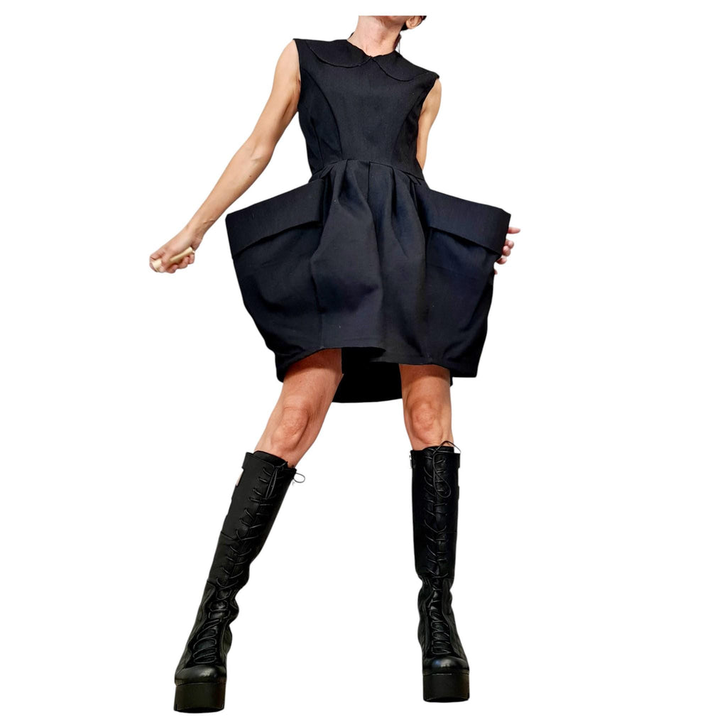 Asymmetric Black Cothic Dress, Extravagant Pockets, Plus Size Clothing