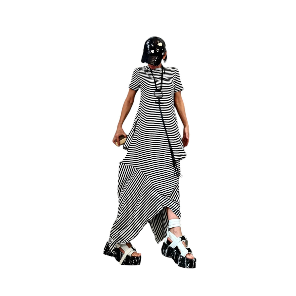 Striped Cotton Asymmetric Dress High Low Hem, Oversized Avant Garde Fashion