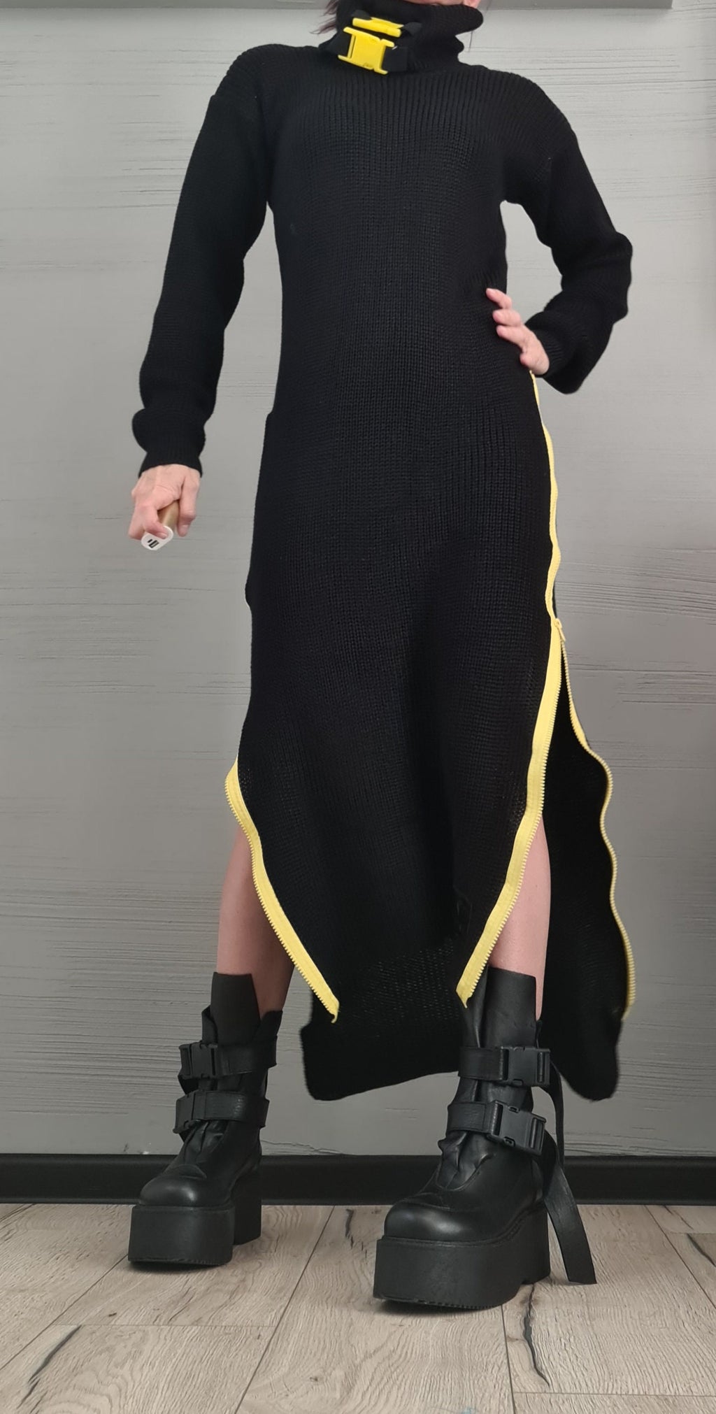 Green Lime Green Asymmetric Knitted Maxi Dress, Long Sleeves, High Turtleneck
