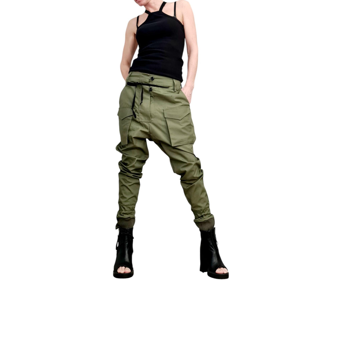 Military Green Cargo Pants, Drop Crotch Cotton Trousers, Slim Leg