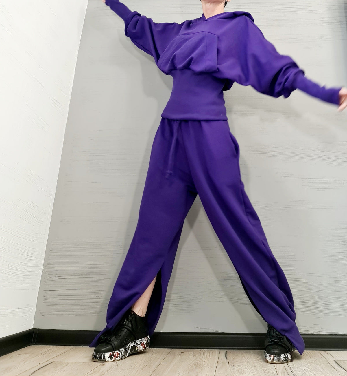 Purple Cotton Drop Crotch Harem Pants, Oversized Hooded Sweatshirt, Split Legs, Two-Piece Co-Ord Set