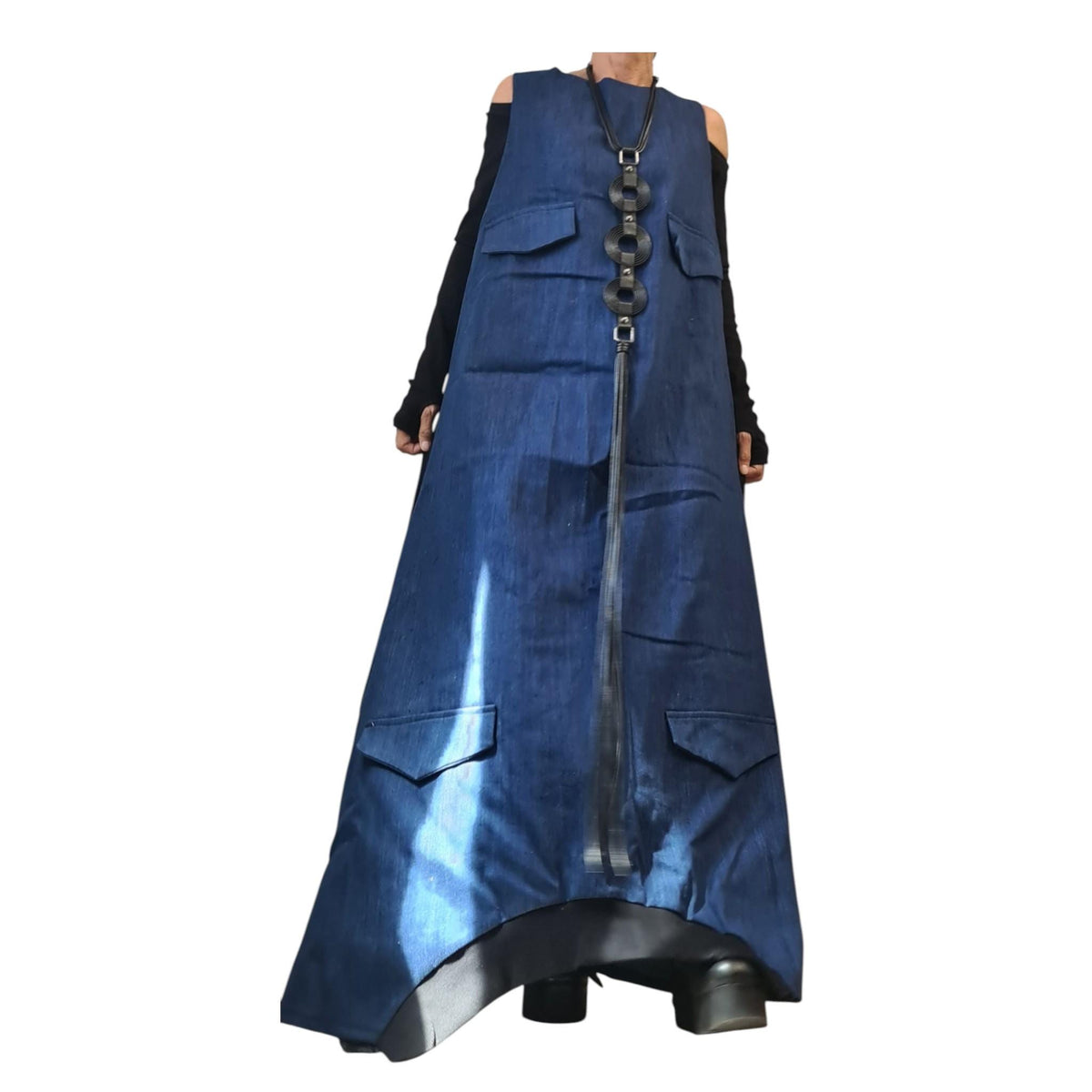 Denim Maxi Dress, Cargo Sleeveless Asymmetric Dress