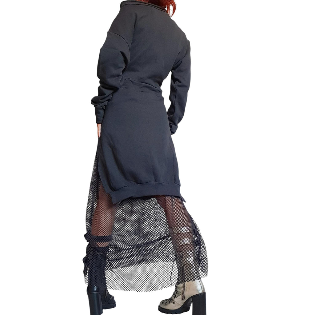 Long Gothic Dress: Black Cotton, Asymmetric Design - Boho Style