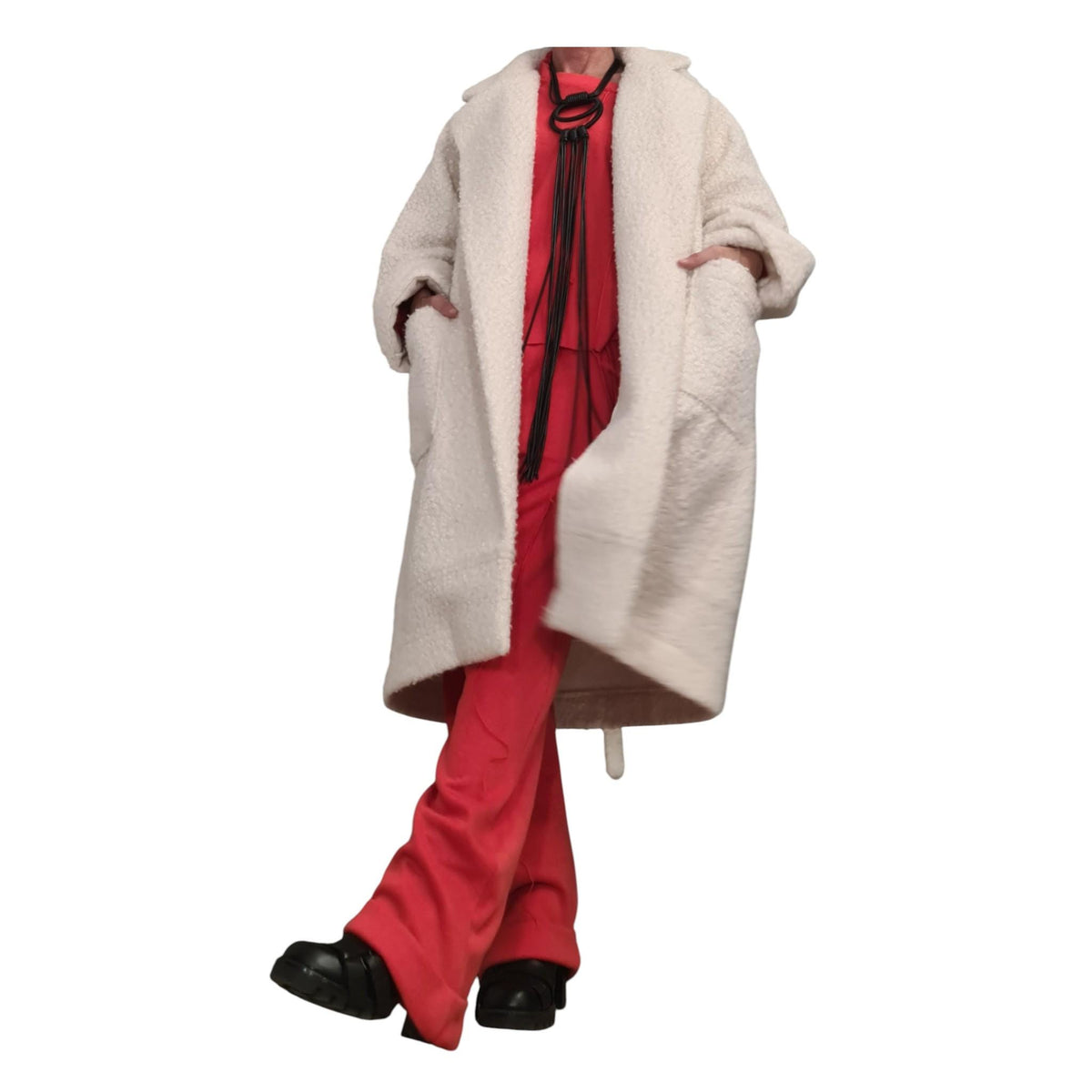 Beige Wool Boucle Oversized Coat, Unlined Long Jacket, Tie Belt and Large Back Pockets