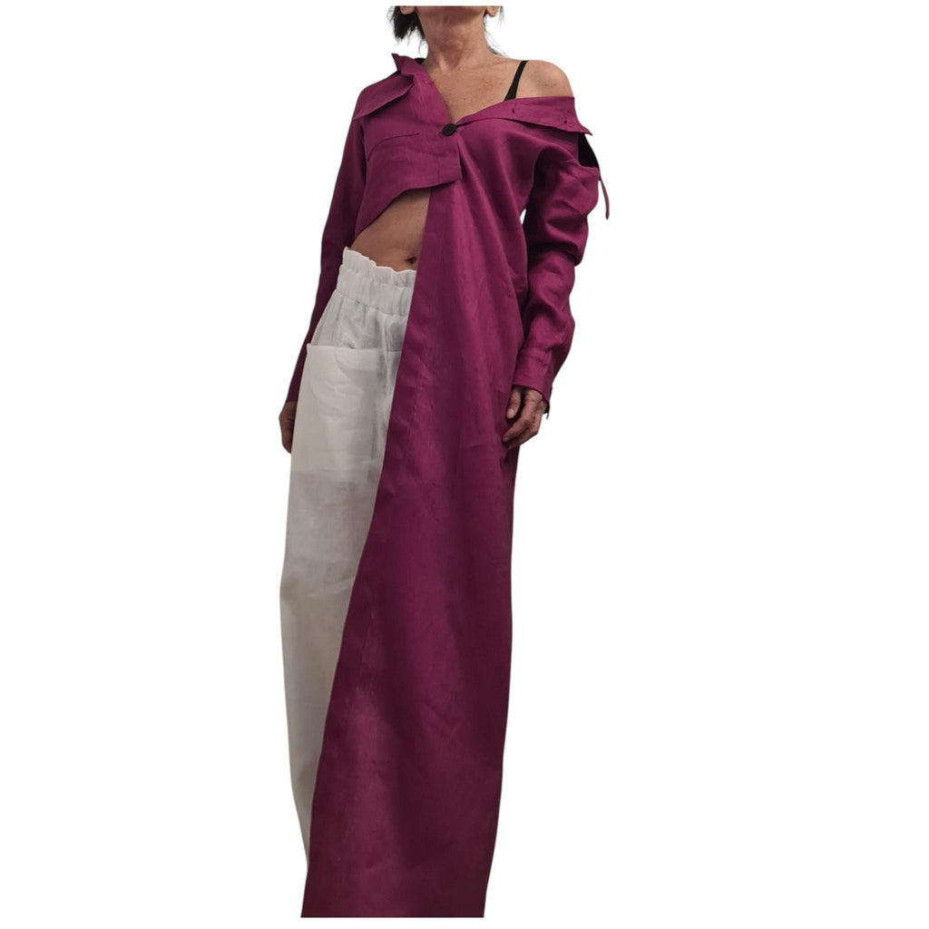 Magenta Linen Shirt, One Shoulder Asymmetrical High Low Tunic for Women