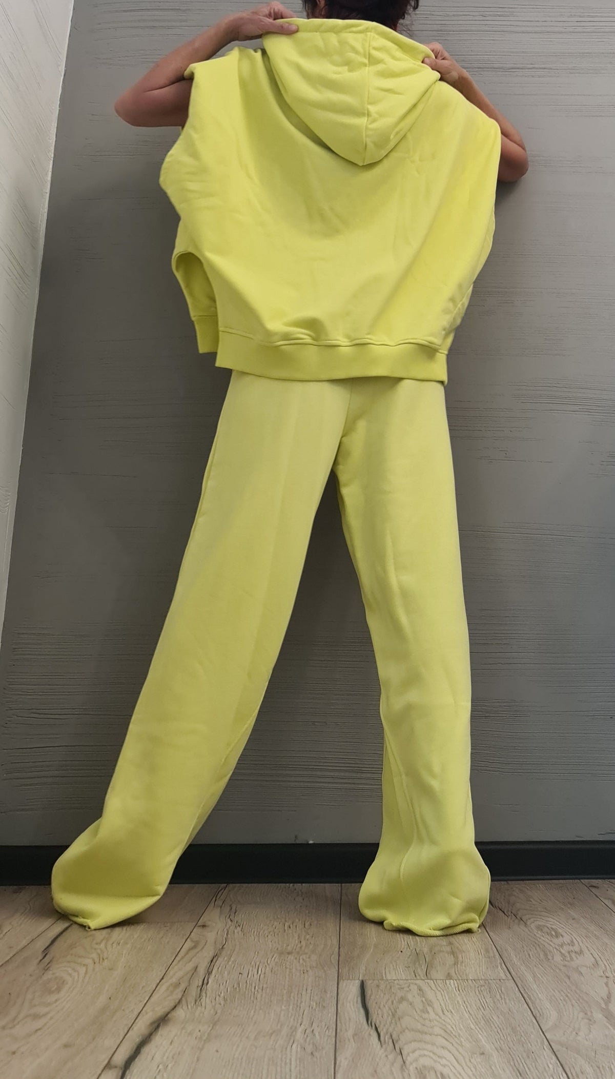 Lime Cotton Wide Leg Pants, Oversized Asymmetrical Hooded Blouse, Loose Fit Two-Piece Co-Ord Set