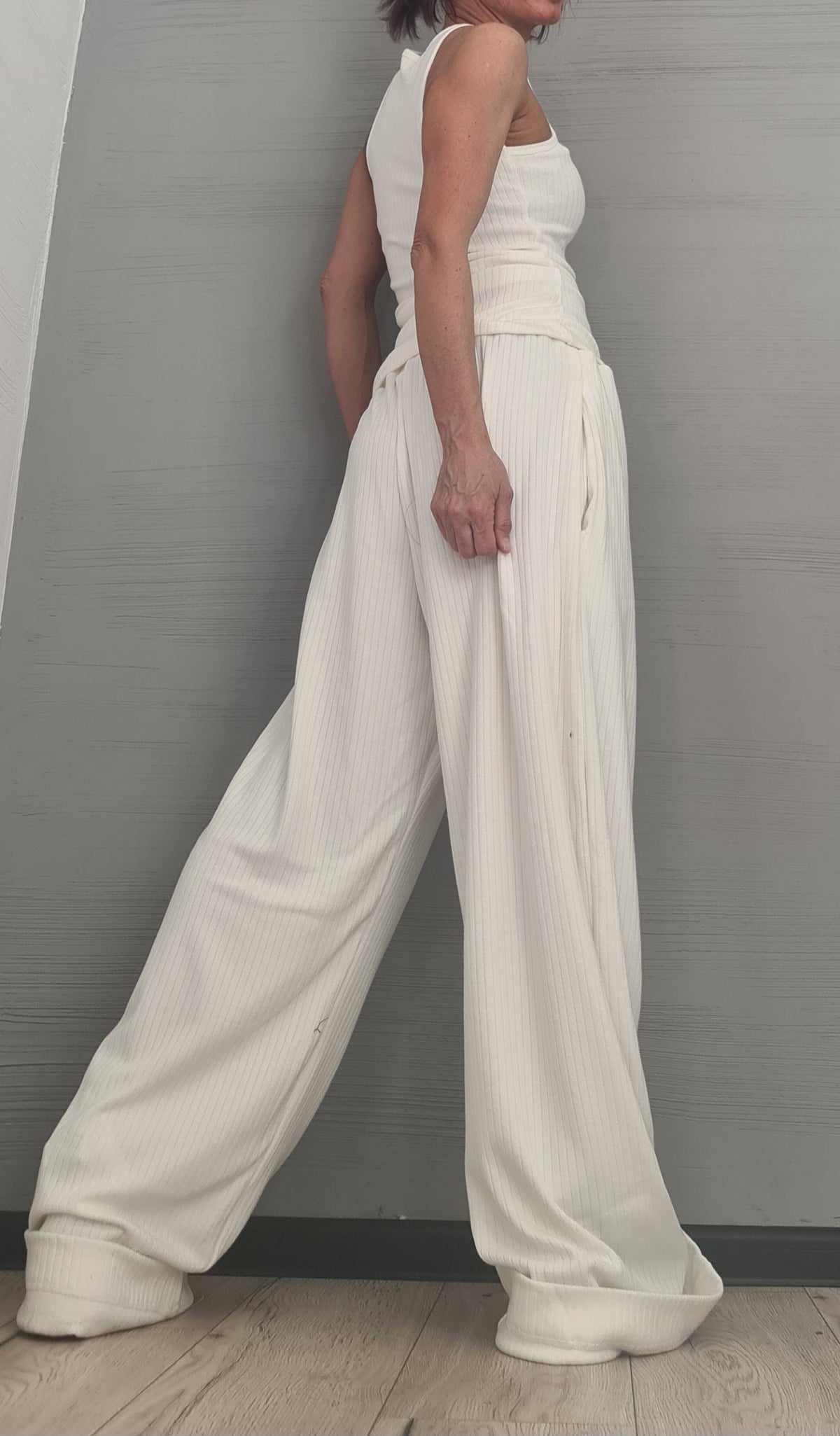Ivory Cotton Wide Leg Pants, Sleeveless Top, Deconstructed Shirt, Three-Piece Co-Ord Set, Plus Size