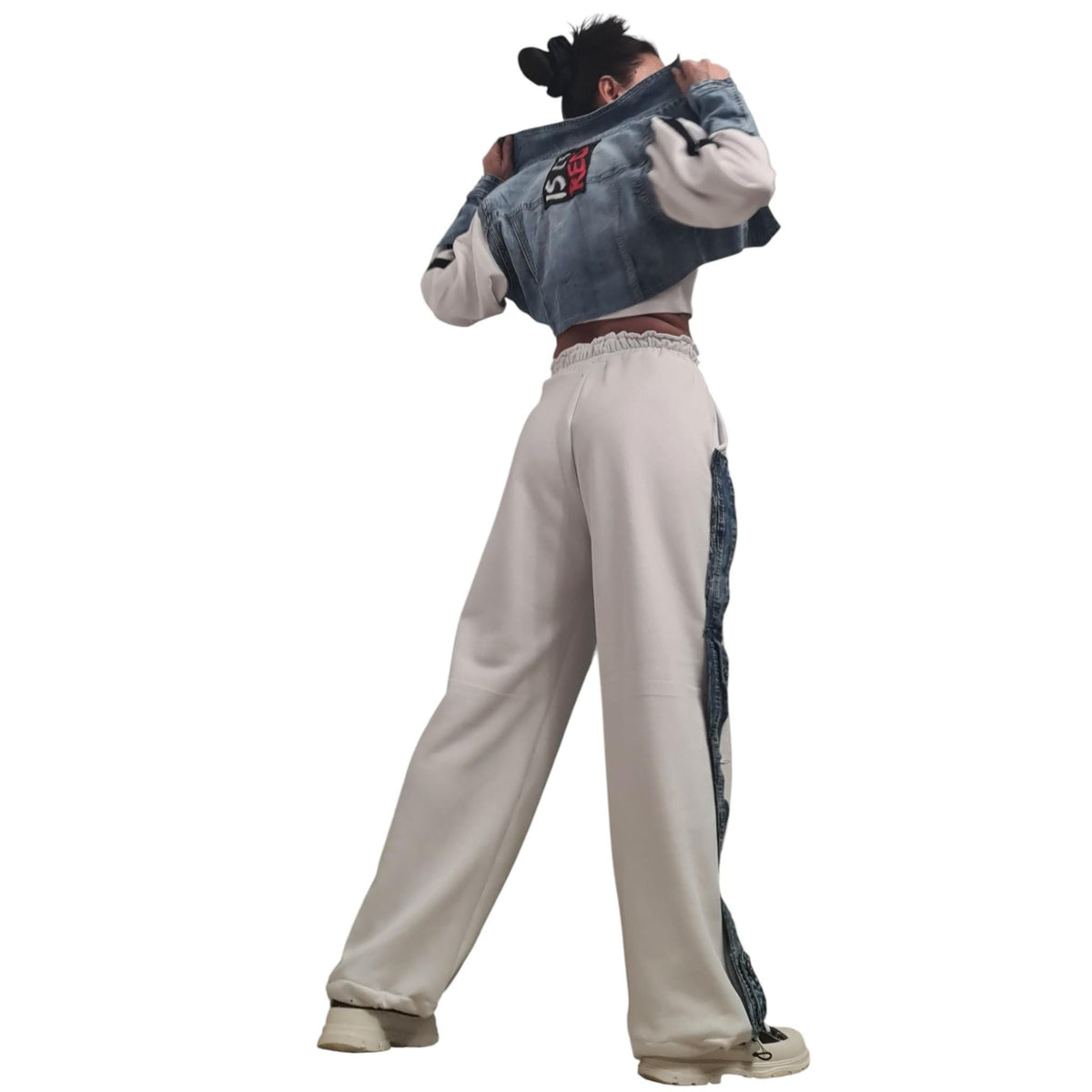 Cotton Denim Jacket and Harem Pants Set, Asymmetrical Design