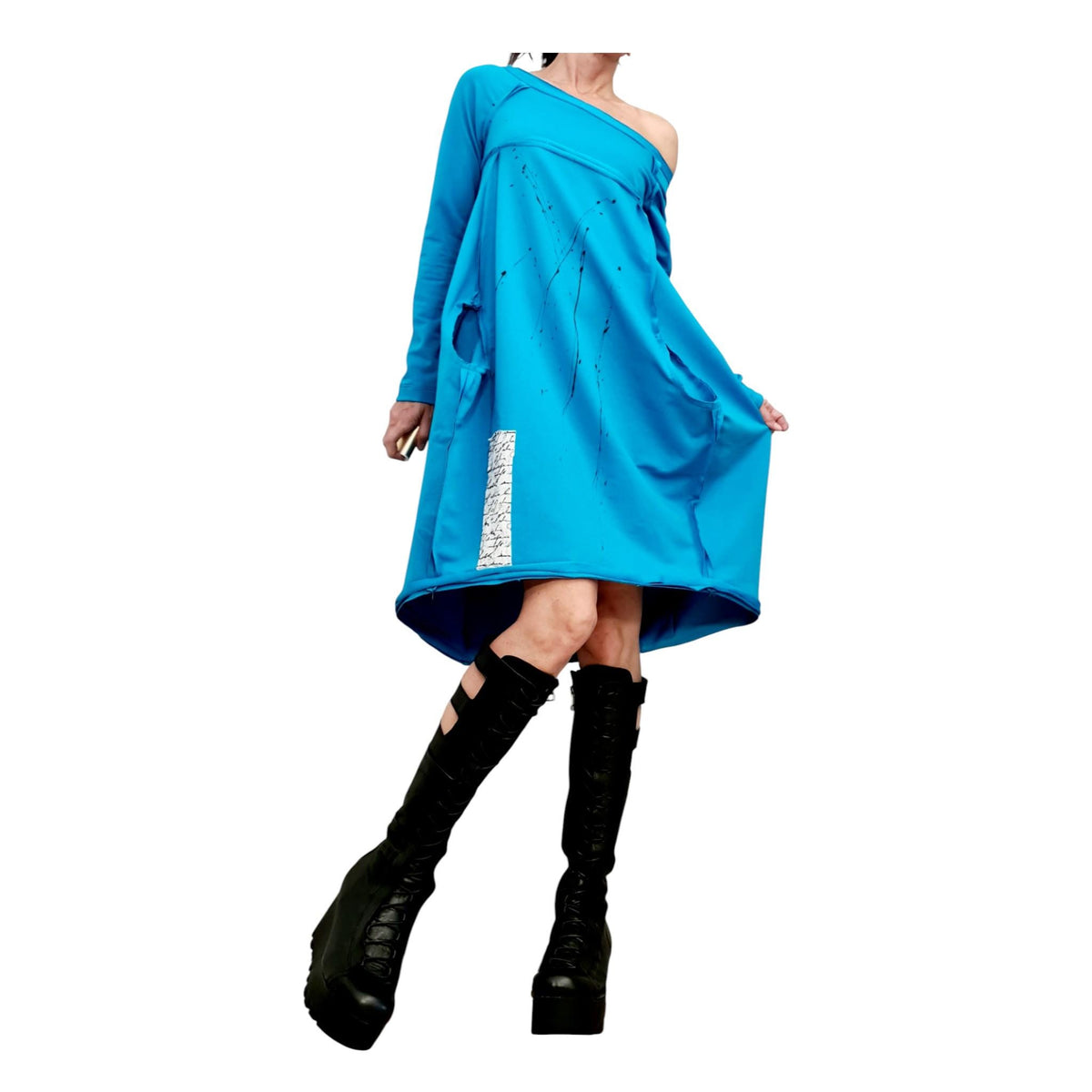 Turquoise Blue French Terry Dress, One Shoulder Oversized Tunic, Asymmetric Shape