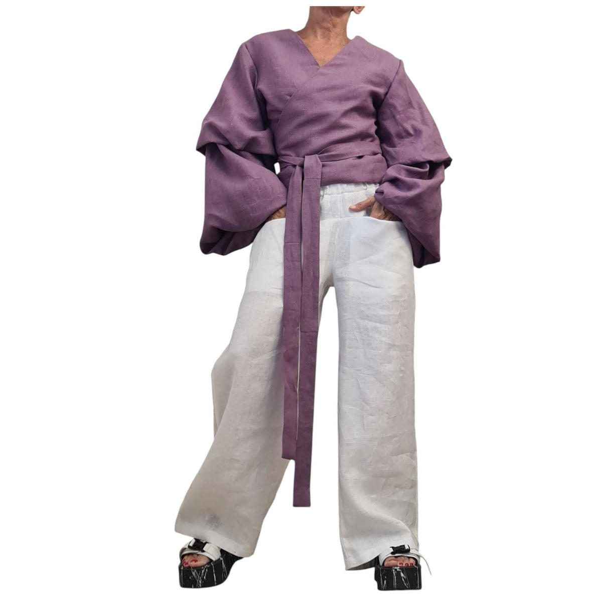 Lavender Linen Wrap Blouse, Reversible Top, Balloon Sleeves, Tie Waist, Oversized Fit, V Neck
