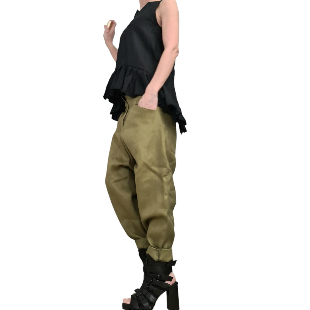 Military Green Linen Harem Pants for Women, Wide Drop Crotch Trousers, Loose Summer Pants