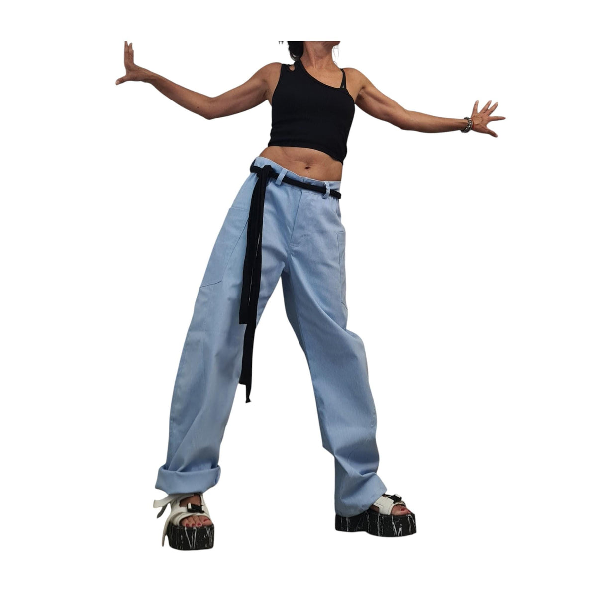 Light Blue Balloon Denim Pants, Wide Leg Barrel Jeans