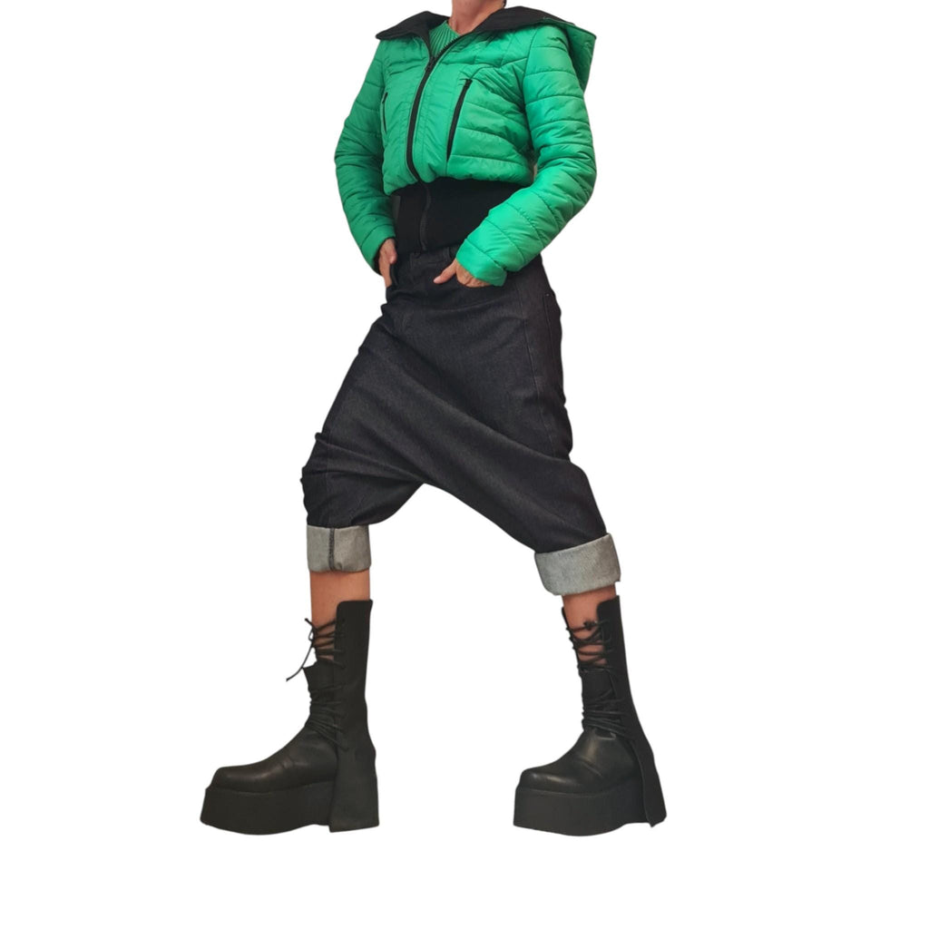 Green Cropped Puffer Jacket, Oversized Big Hood Bomber, Quilted Short Winter Coat