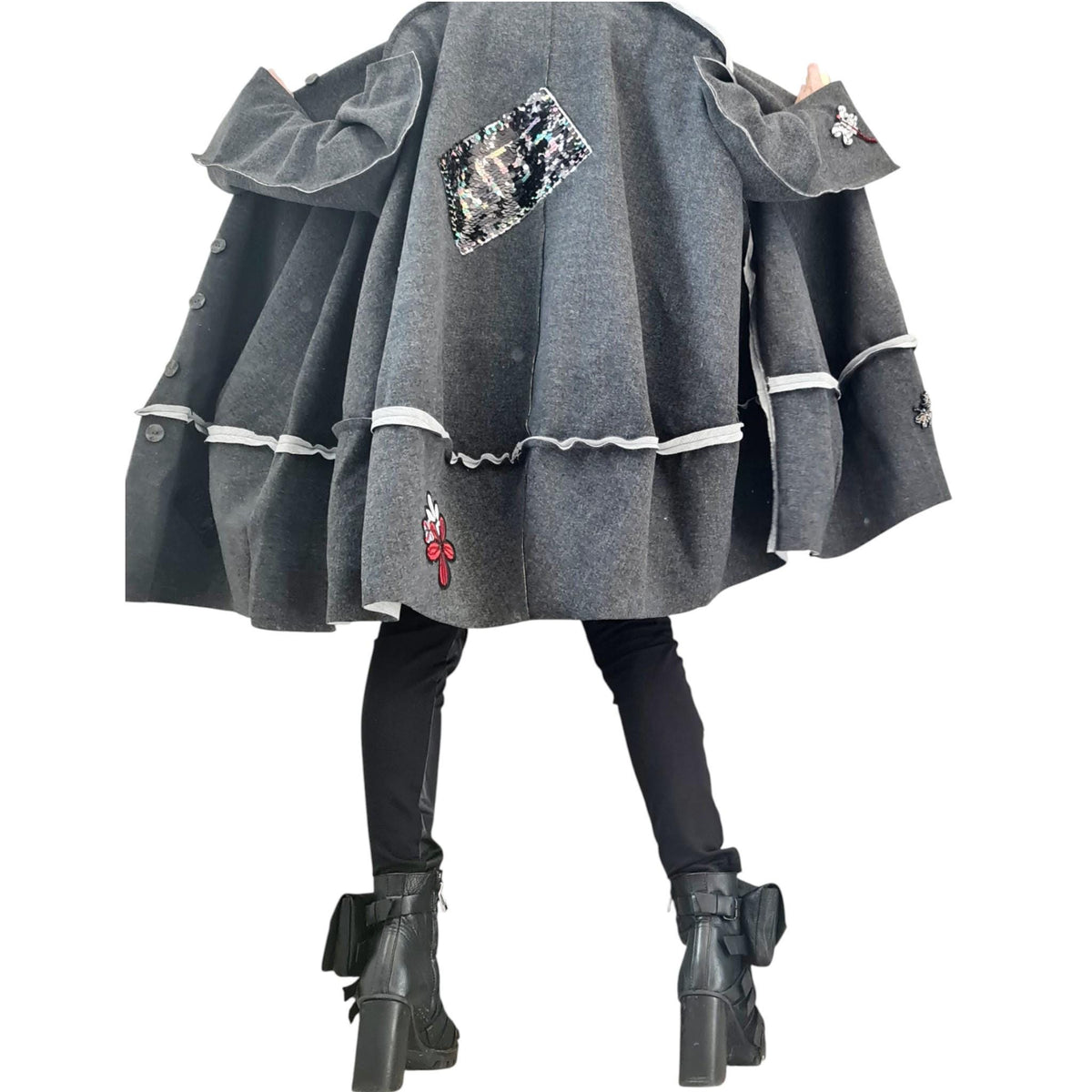 Grey Oversized Coat, Wide Trapeze Knee Jacket, Deconstructed Sleeves, Plus Size