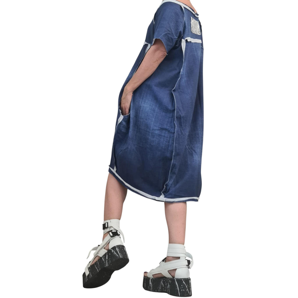 Asymmetric Cotton Tunic, Printed Denim Effect, Avant Garde Plus Size Dress for Women