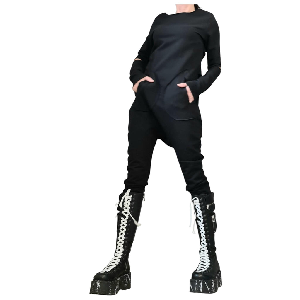 Black Cotton Drop Crotch Jumpsuit, Extravagant Open Back, Slim Fit Gothic Style