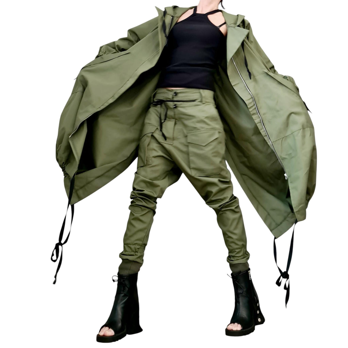 Olive Green Asymmetric Ripstop Trench Coat, Oversized Hood, Open Back Flap, Plus Size