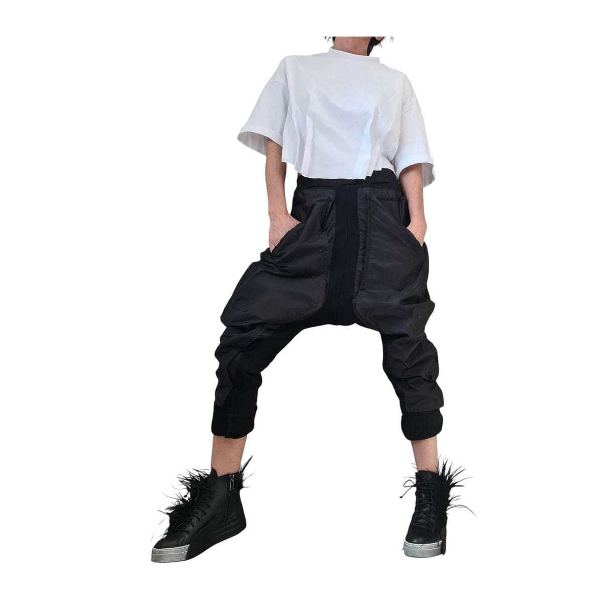 Fuchsia Harem Pants, Black Cargo Pockets, French Terry Tapered Leg Joggers