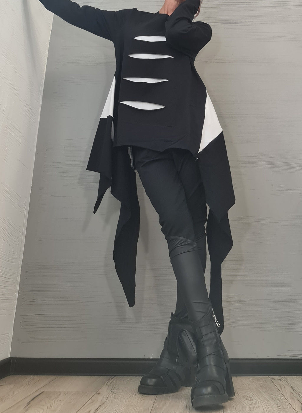 Oversize Cotton Tunic, Black and White Deconstructed Asymmetric Top