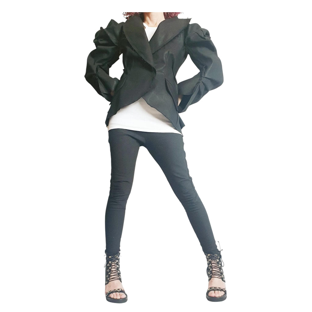 Asymmetric Black Denim Avant Garde Blazer Jacket for Women, Futuristic Deconstructed Fitted Style