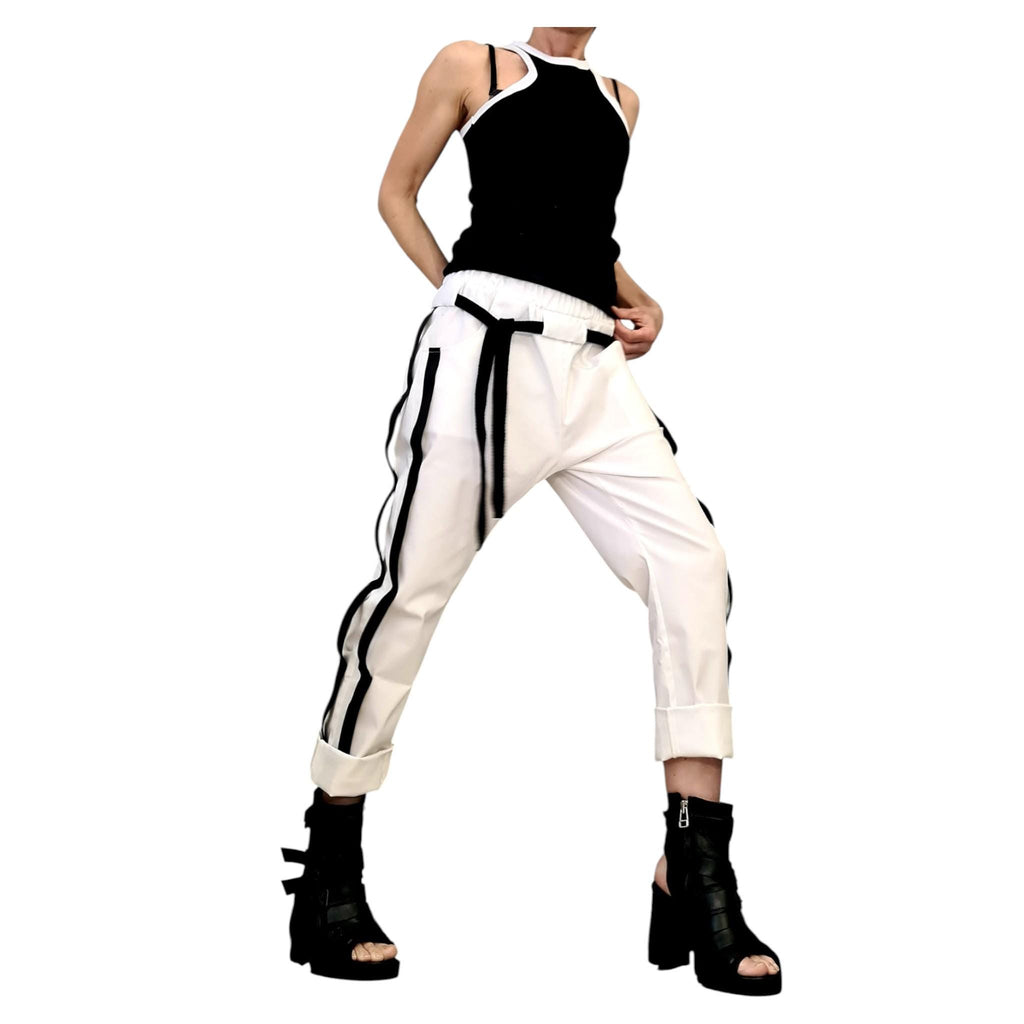 White Cotton Tapered Pants, Double Side Stripes, Drop Crotch