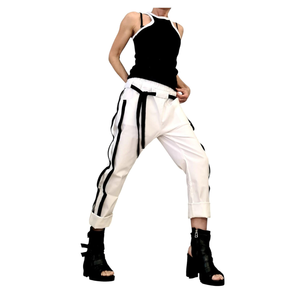 White Cotton Tapered Pants, Double Side Stripes, Drop Crotch