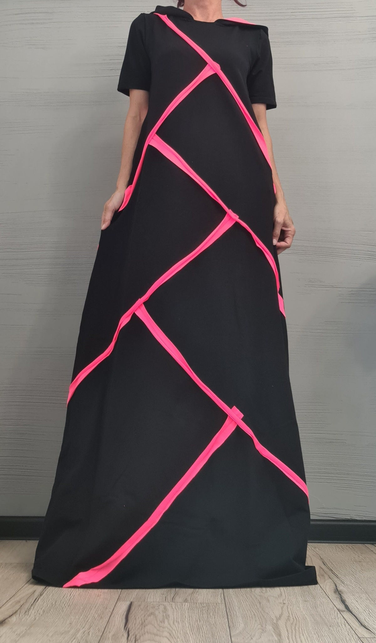 Black Hooded Cotton Maxi Dress with Neon Stripes, Loose Fit, Short sleeve, Plus Size