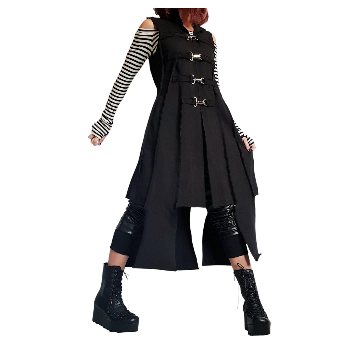 Black Gothic Asymmetric Vest, Long Sleeveless Coat, Buckle Closures, High-Low Hem, Plus Size